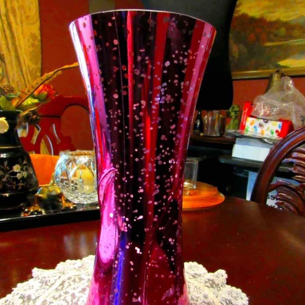 💗Sensational Vintage Art Deco Nouveau Style Tulip Pink & Silver Iridescent Vase